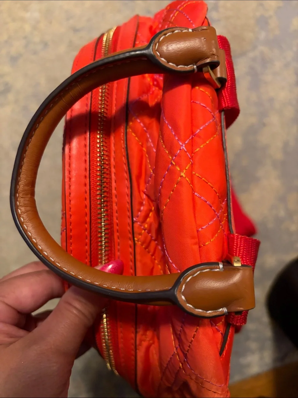 Tory Burch Quilted Red Nylon Backpack with Pink Accents
